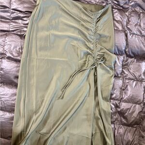Forever 21 Light Green Ruched Satin Midi Skirt.